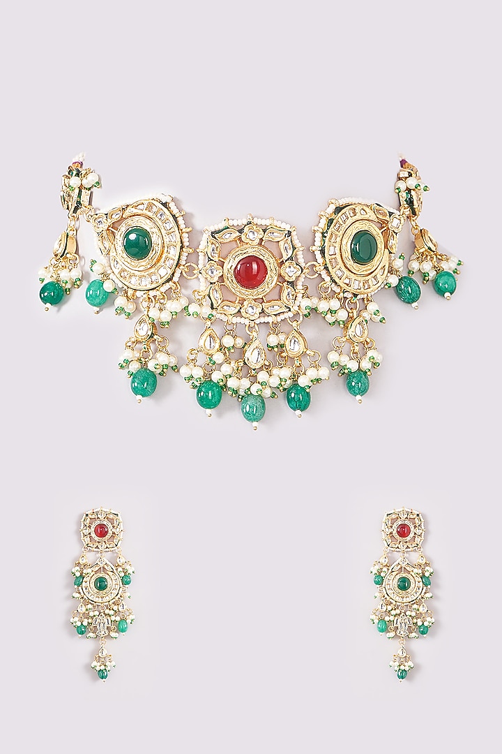 Gold Finish Kundan Polki & Stone Choker Necklace Set by Amreli Jaipur at Pernia's Pop Up Shop