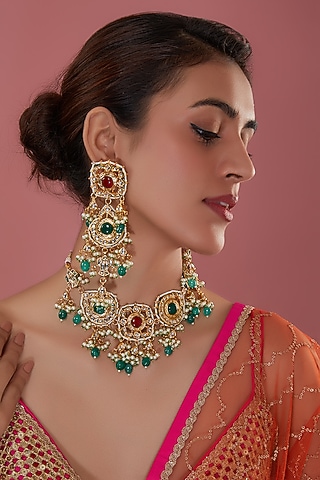 Gold Finish Kundan Polki & Stone Choker Necklace Set by Amreli Jaipur