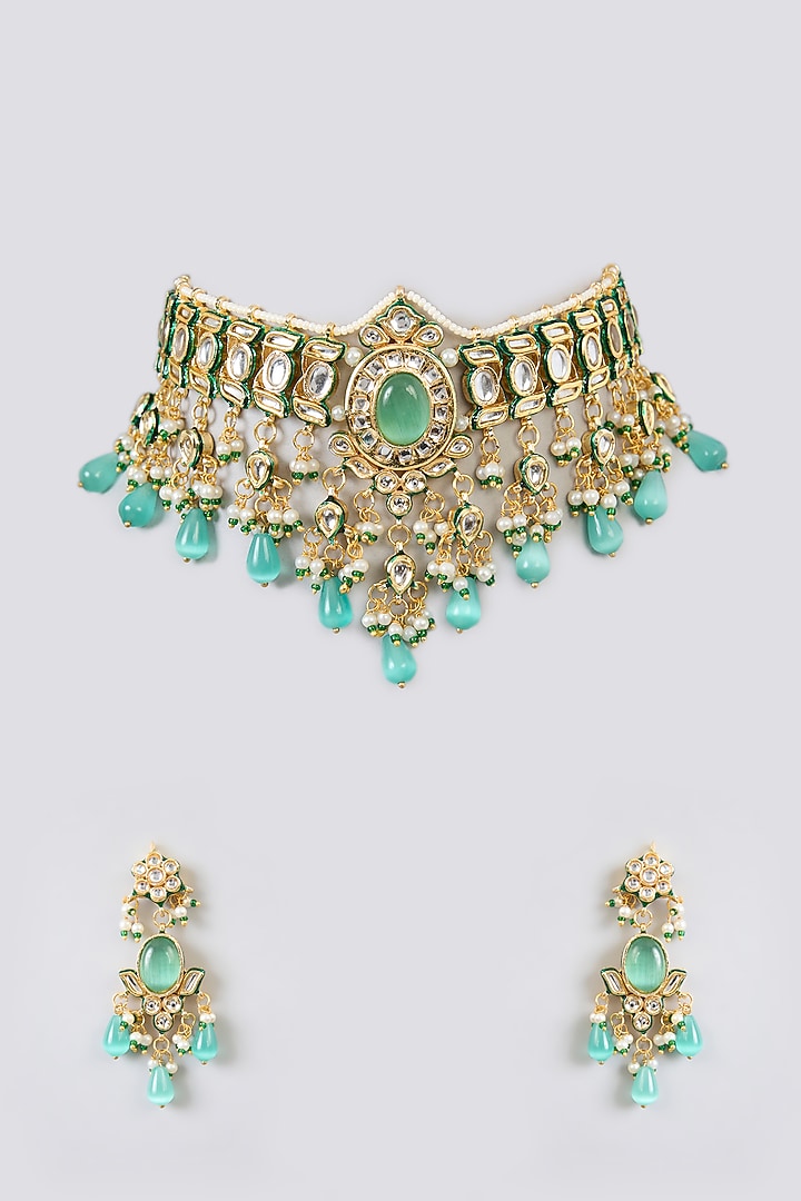 Gold Finish Kundan Polki & Mint Green Stone Choker Necklace Set by Amreli Jaipur at Pernia's Pop Up Shop