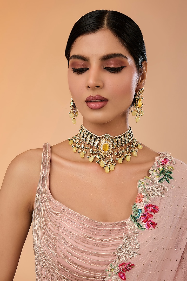 Gold Finish Kundan Polki & Pastel Yellow Stone Choker Necklace Set by Amreli Jaipur at Pernia's Pop Up Shop