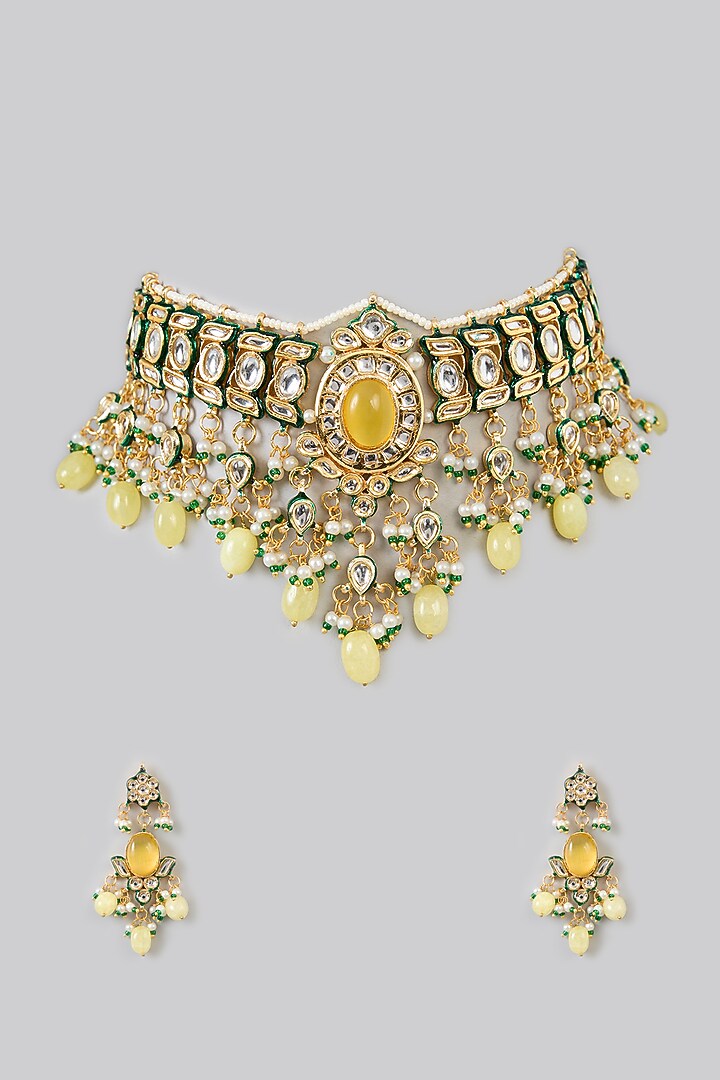 Gold Finish Kundan Polki & Pastel Yellow Stone Choker Necklace Set by Amreli Jaipur at Pernia's Pop Up Shop