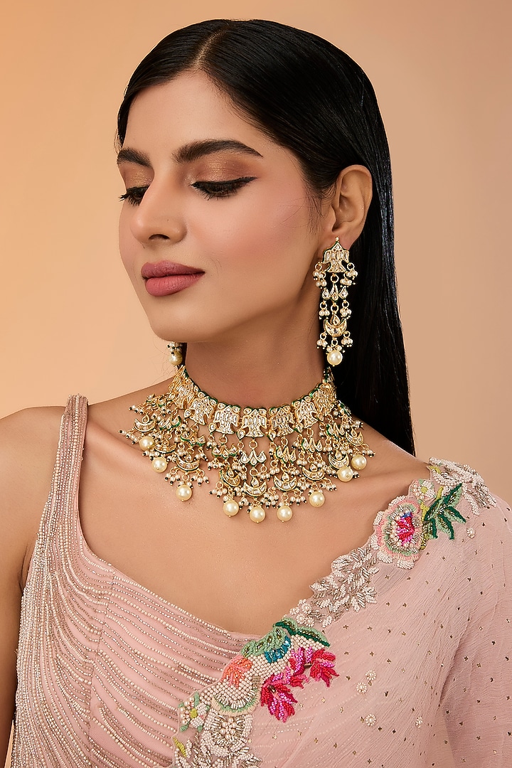 Gold Finish Kundan Polki & Pearl Choker Necklace Set by Amreli Jaipur at Pernia's Pop Up Shop