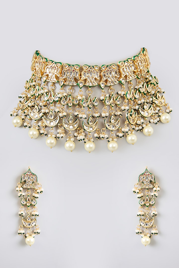 Gold Finish Kundan Polki & Pearl Choker Necklace Set by Amreli Jaipur at Pernia's Pop Up Shop