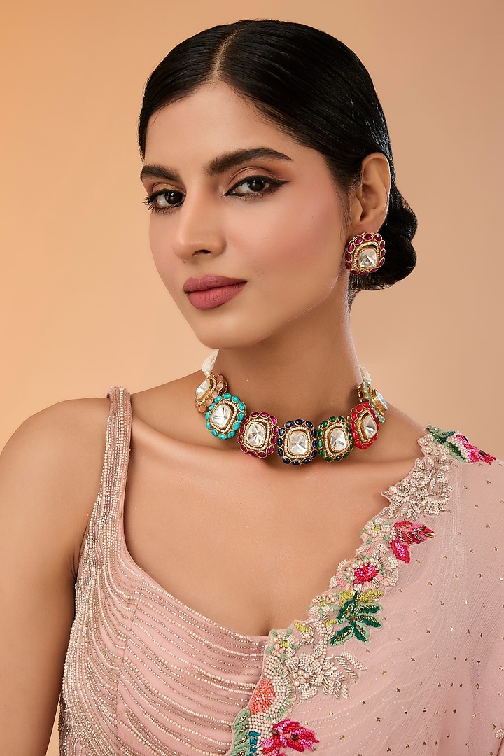 Gold Finish Kundan Polki & Multi-Colored Stone Choker Necklace Set by Amreli Jaipur at Pernia's Pop Up Shop