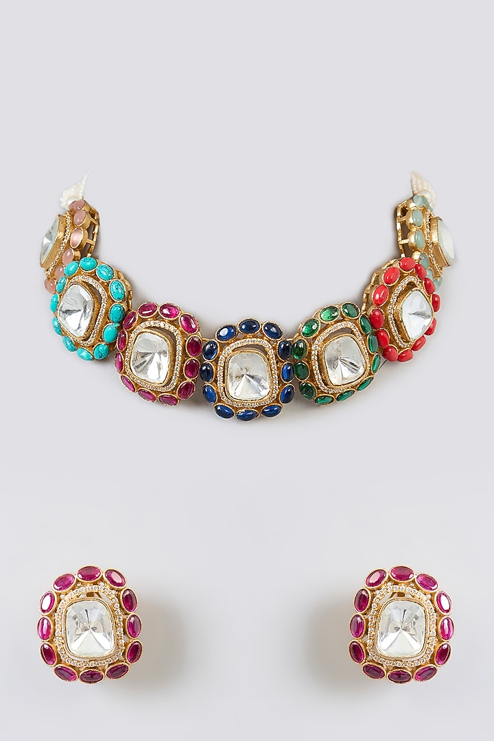 Gold Finish Kundan Polki & Multi-Colored Stone Choker Necklace Set by Amreli Jaipur at Pernia's Pop Up Shop