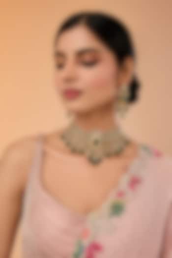 Gold Finish Kundan Polki & Green Stone Choker Necklace Set by Amreli Jaipur at Pernia's Pop Up Shop
