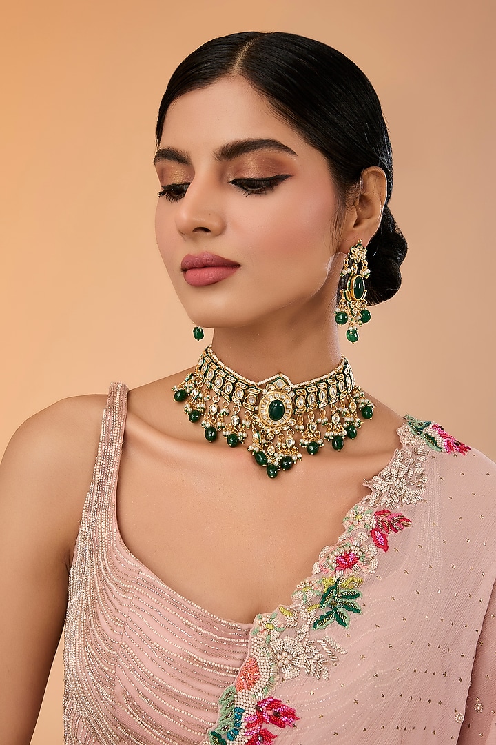 Gold Finish Kundan Polki & Green Stone Choker Necklace Set by Amreli Jaipur at Pernia's Pop Up Shop