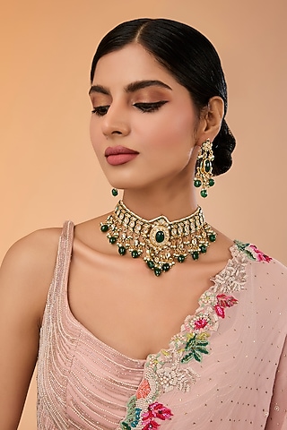 Gold Finish Kundan Polki & Green Stone Choker Necklace Set by Amreli Jaipur