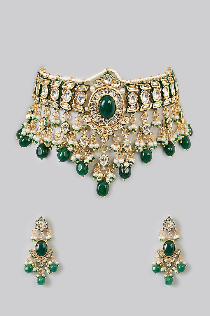 Gold Finish Kundan Polki & Green Stone Choker Necklace Set by Amreli Jaipur at Pernia's Pop Up Shop