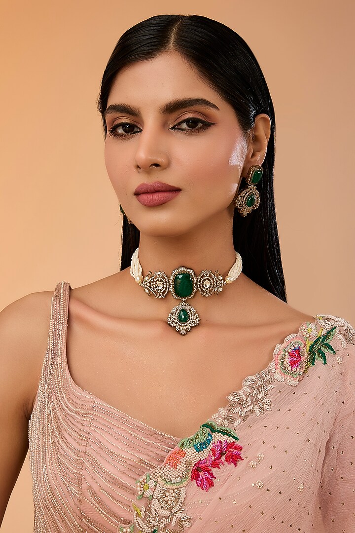 Gold Finish Kundan Polki & Green Stone Choker Necklace Set by Amreli Jaipur at Pernia's Pop Up Shop