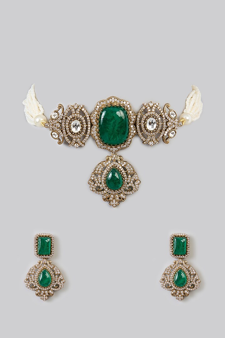 Gold Finish Kundan Polki & Green Stone Choker Necklace Set by Amreli Jaipur at Pernia's Pop Up Shop