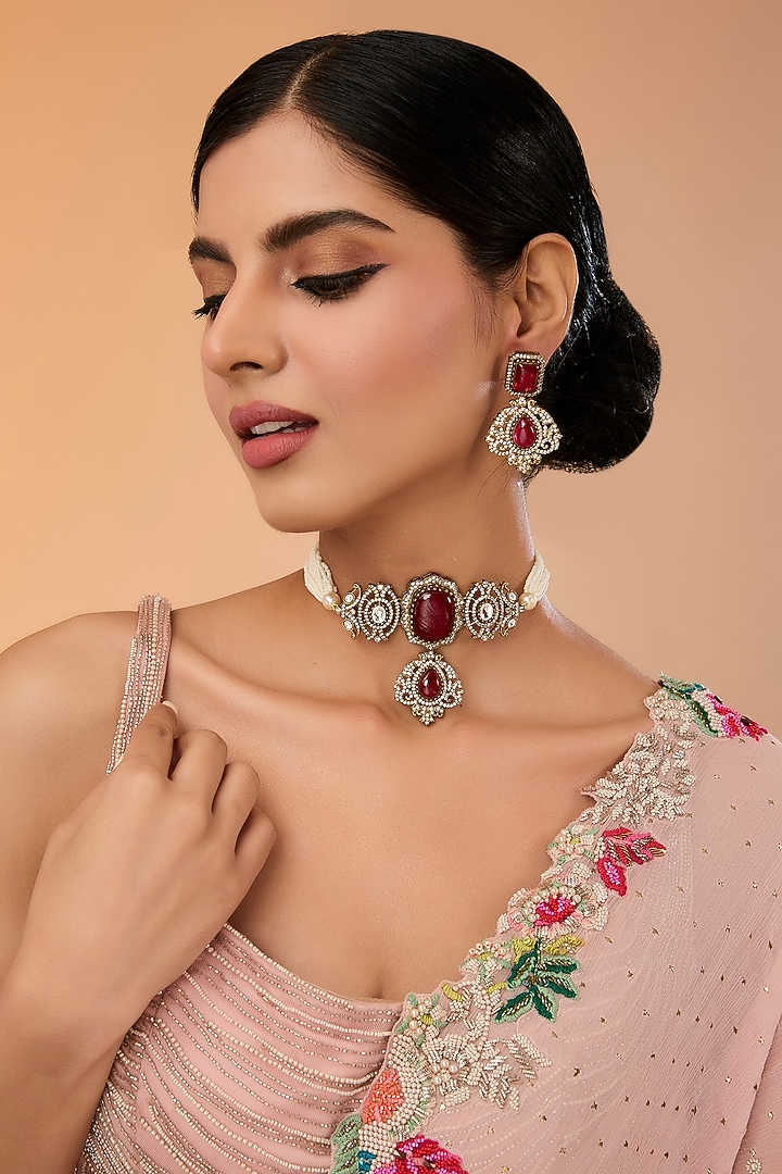 Gold Finish Kundan Polki & Red Stone Choker Necklace Set by Amreli Jaipur at Pernia's Pop Up Shop