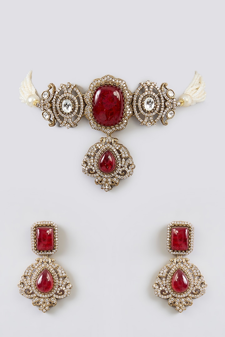 Gold Finish Kundan Polki & Red Stone Choker Necklace Set by Amreli Jaipur at Pernia's Pop Up Shop