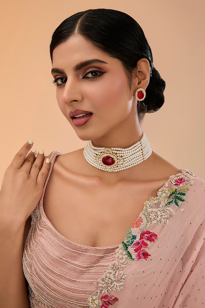 Gold Finish Cubic Zirconia & Fine Pearl Choker Necklace Set by Amreli Jaipur at Pernia's Pop Up Shop