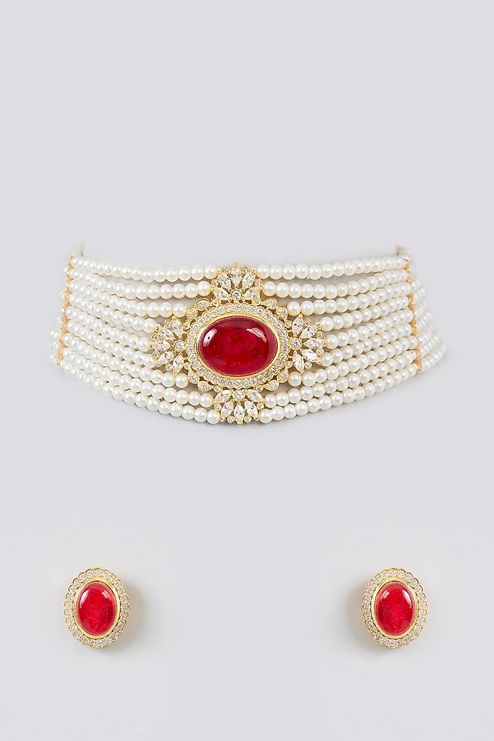Gold Finish Cubic Zirconia & Fine Pearl Choker Necklace Set by Amreli Jaipur at Pernia's Pop Up Shop