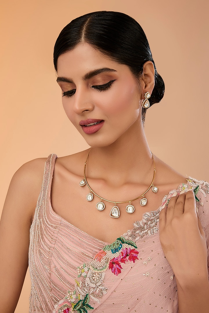 Gold Finish Kundan Polki Necklace Set by Amreli Jaipur at Pernia's Pop Up Shop