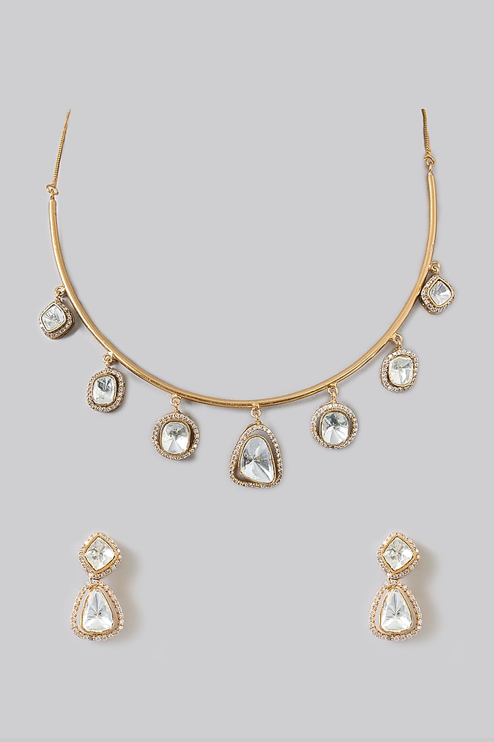 Gold Finish Kundan Polki Necklace Set by Amreli Jaipur at Pernia's Pop Up Shop
