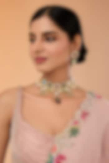 Gold Finish Kundan Polki & Multi-Colored Stone Choker Necklace Set by Amreli Jaipur at Pernia's Pop Up Shop