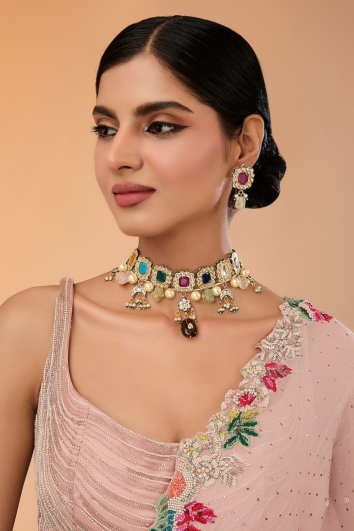 Gold Finish Kundan Polki & Multi-Colored Stone Choker Necklace Set by Amreli Jaipur at Pernia's Pop Up Shop