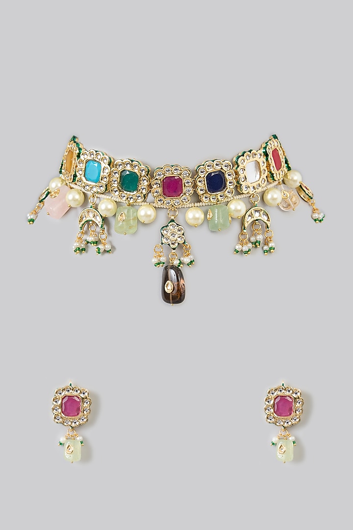 Gold Finish Kundan Polki & Multi-Colored Stone Choker Necklace Set by Amreli Jaipur at Pernia's Pop Up Shop