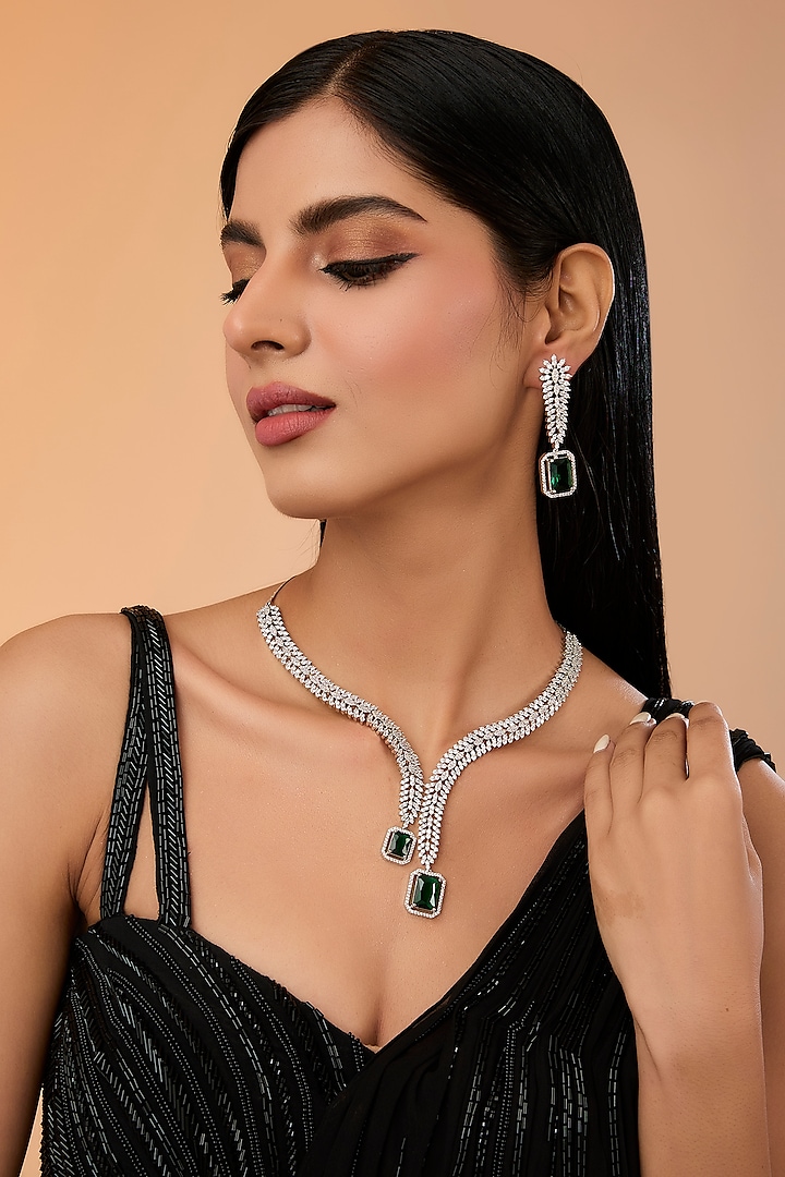 White Finish Zircon Necklace Set by Amreli Jaipur at Pernia's Pop Up Shop