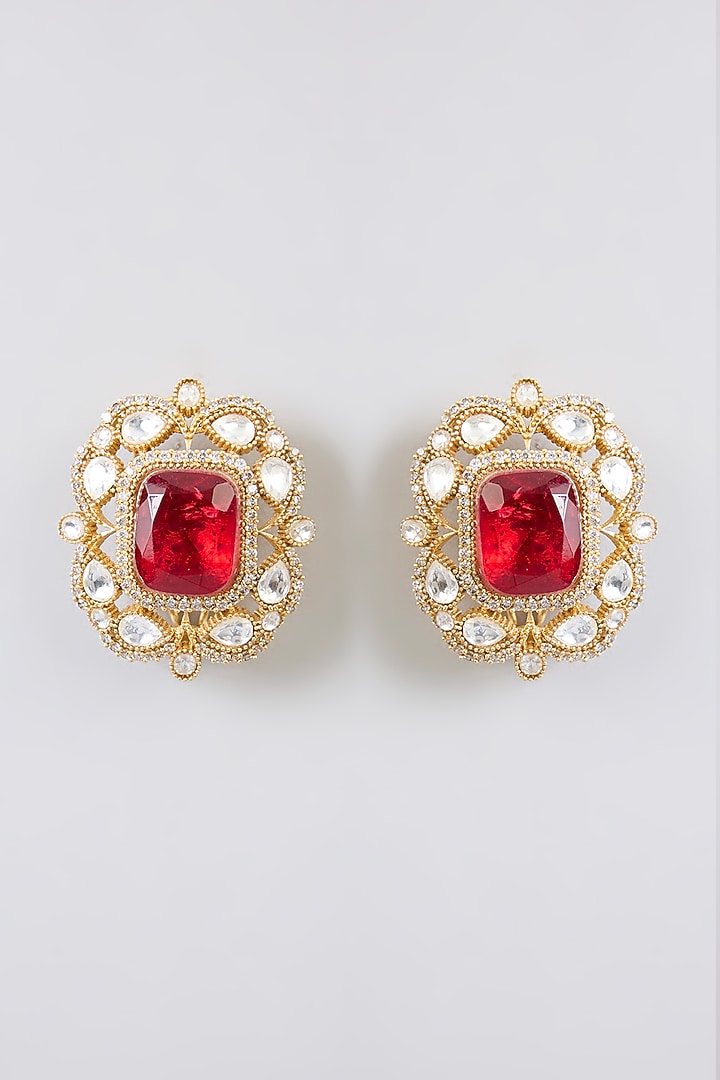 Gold Finish Kundan Polki & Red Stone Stud Earrings by Amreli Jaipur at Pernia's Pop Up Shop
