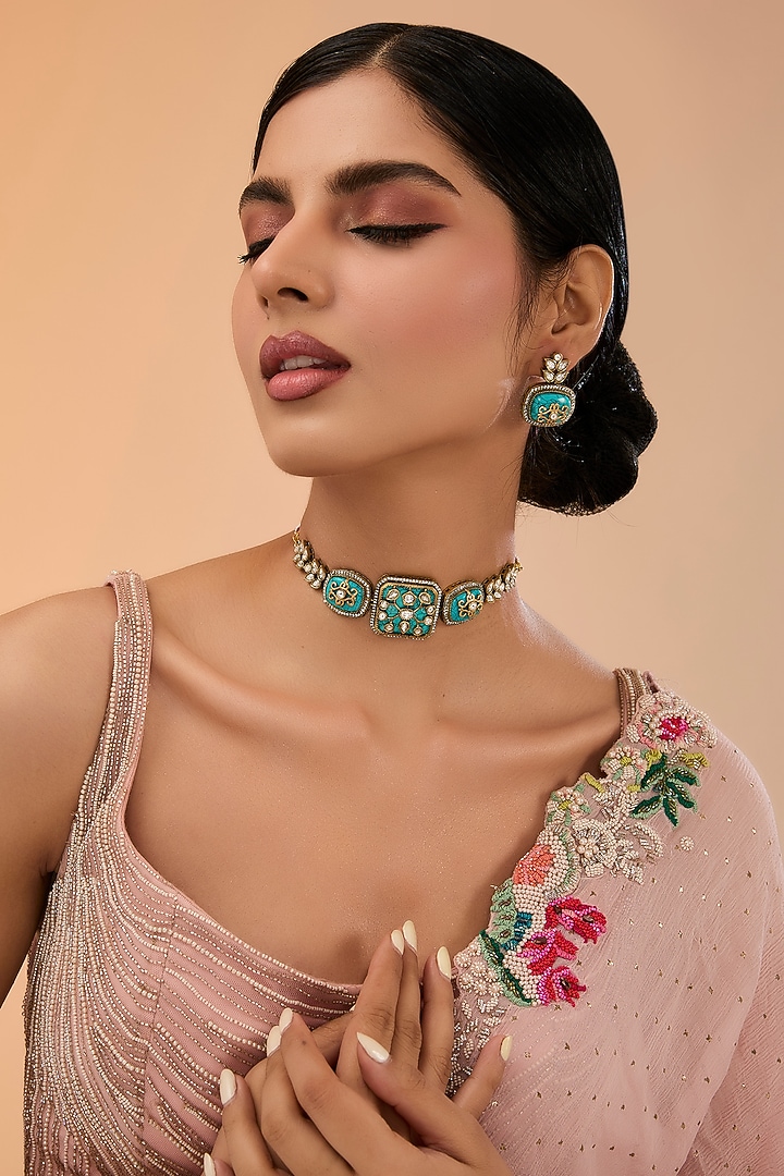 Gold Finish Kundan Polki & Blue Carved Stone Choker Necklace Set by Amreli Jaipur at Pernia's Pop Up Shop