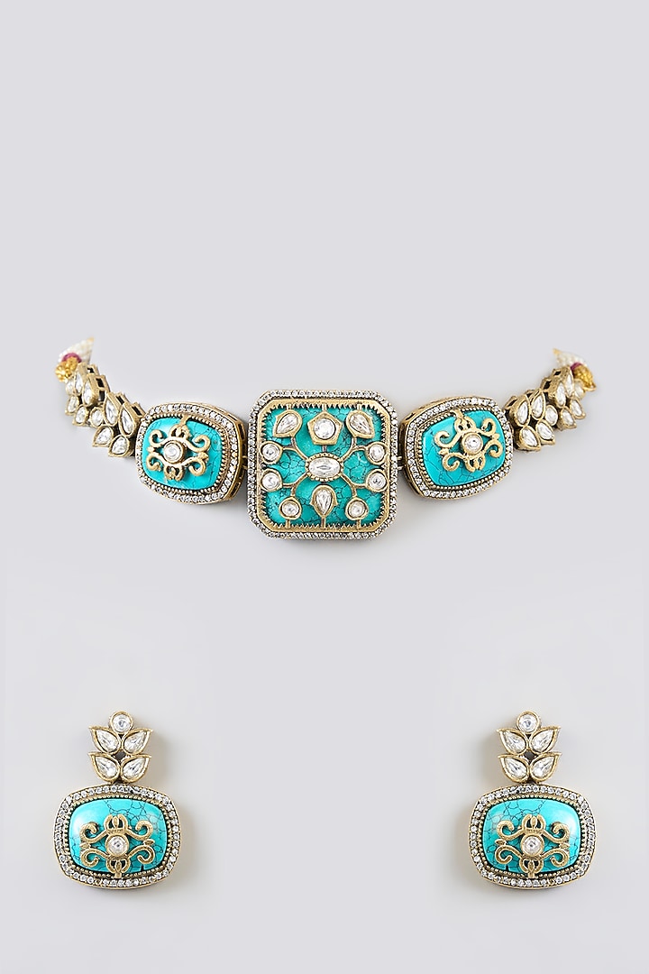 Gold Finish Kundan Polki & Blue Carved Stone Choker Necklace Set by Amreli Jaipur at Pernia's Pop Up Shop