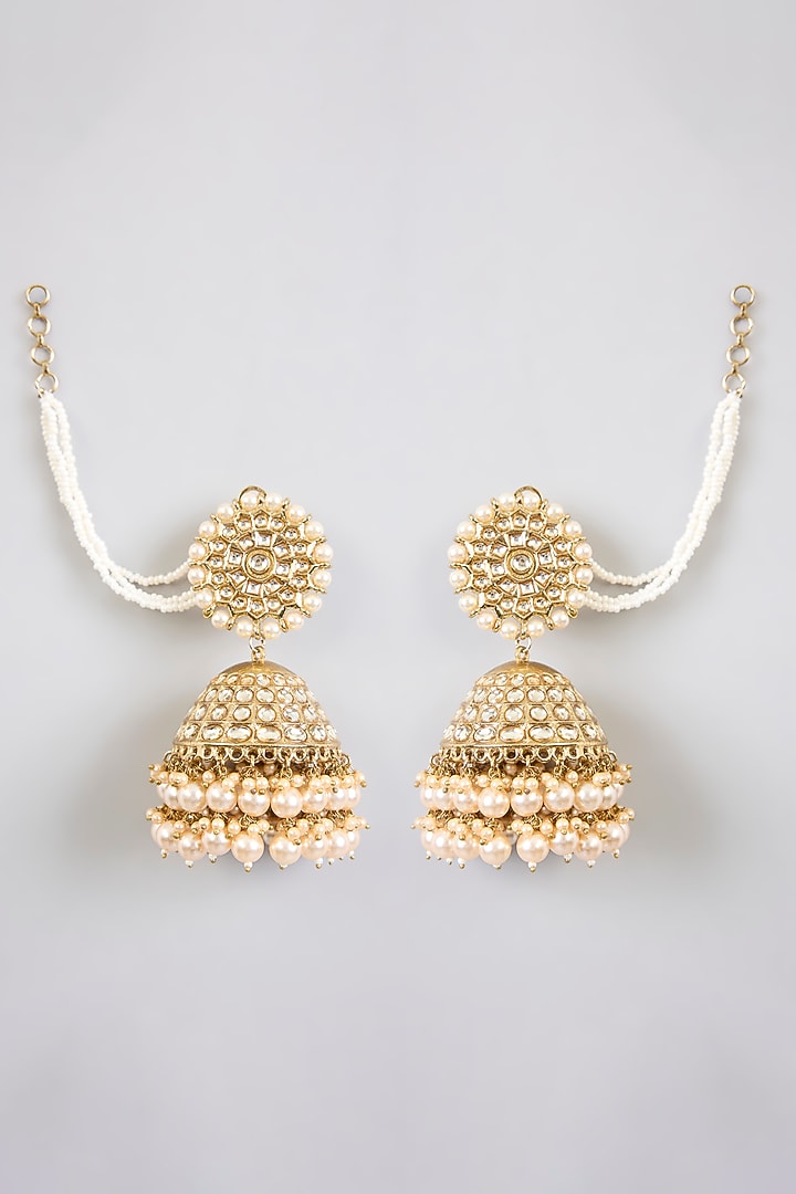 Gold Finish Kundan Polki & Pearl Bead Jhumka Earrings by Amreli Jaipur at Pernia's Pop Up Shop