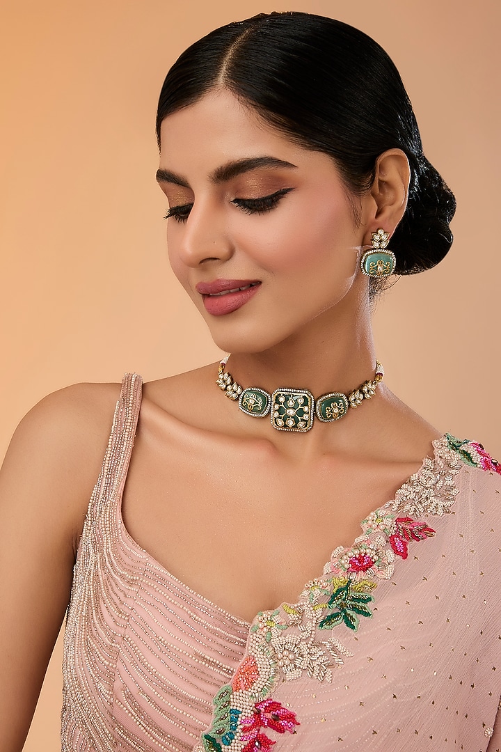 Gold Finish Kundan Polki & Green Carved Stone Choker Necklace Set by Amreli Jaipur at Pernia's Pop Up Shop