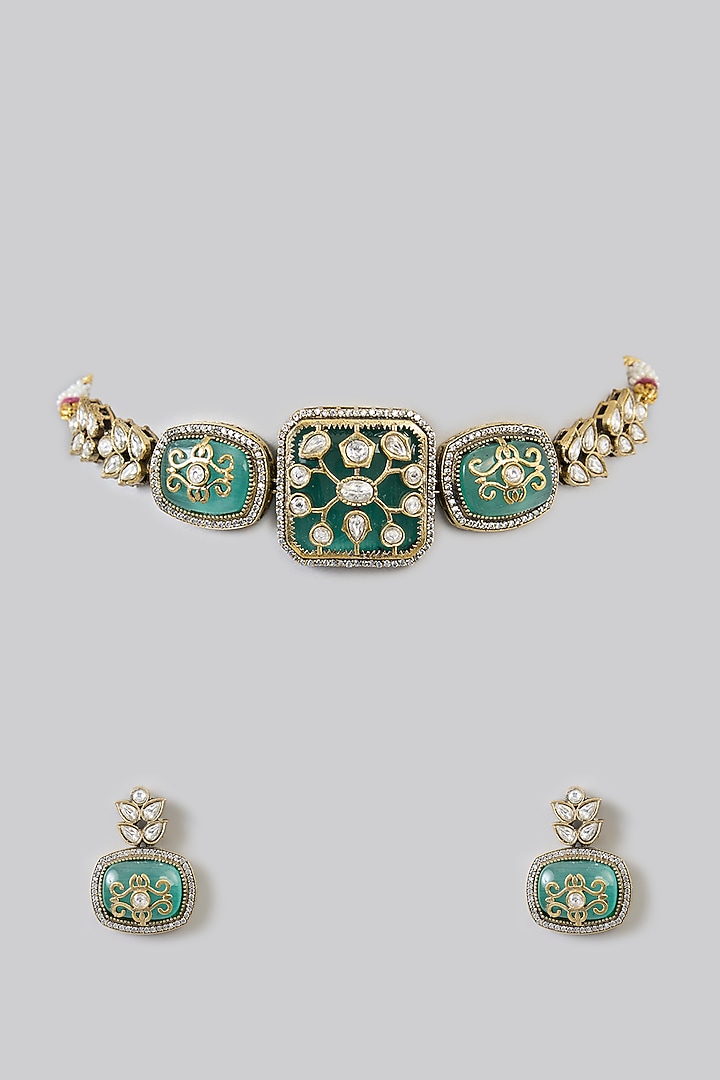 Gold Finish Kundan Polki & Green Carved Stone Choker Necklace Set by Amreli Jaipur at Pernia's Pop Up Shop