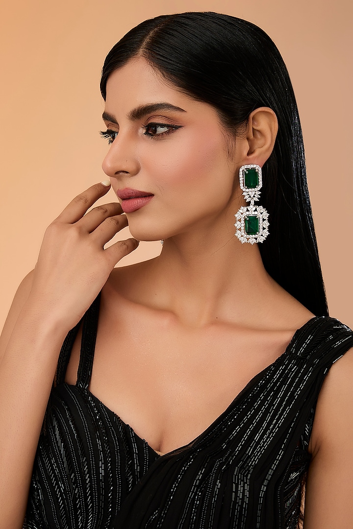 White Finish Cubic Zirconia & Green Stone Dangler Earrings by Amreli Jaipur at Pernia's Pop Up Shop
