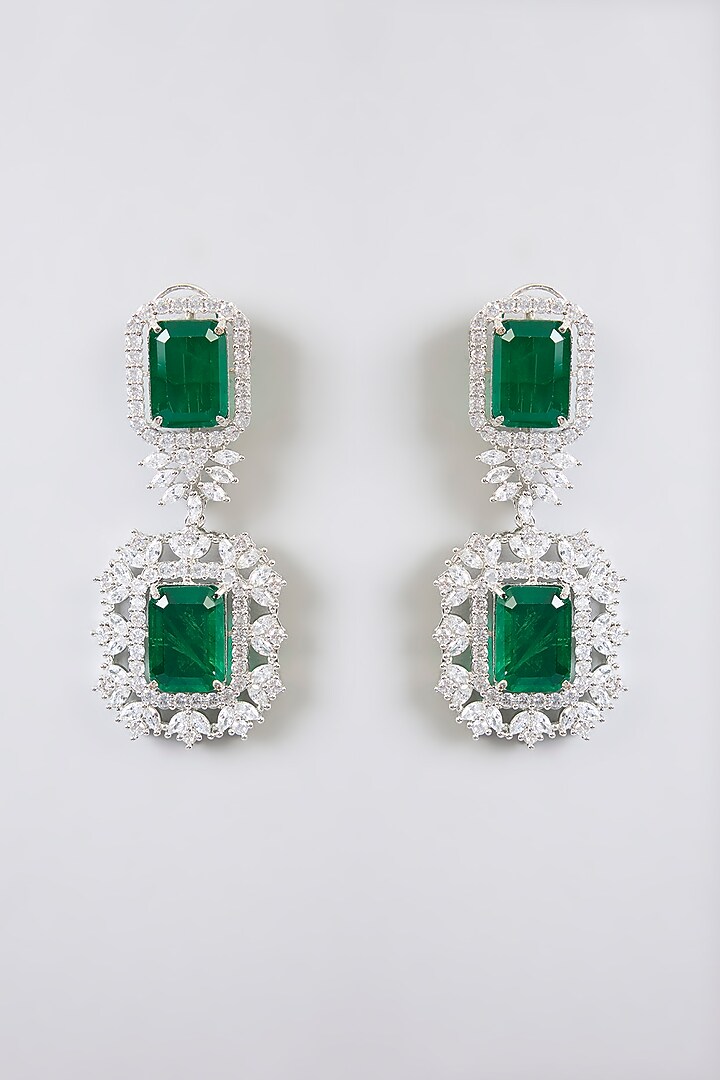 White Finish Cubic Zirconia & Green Stone Dangler Earrings by Amreli Jaipur at Pernia's Pop Up Shop