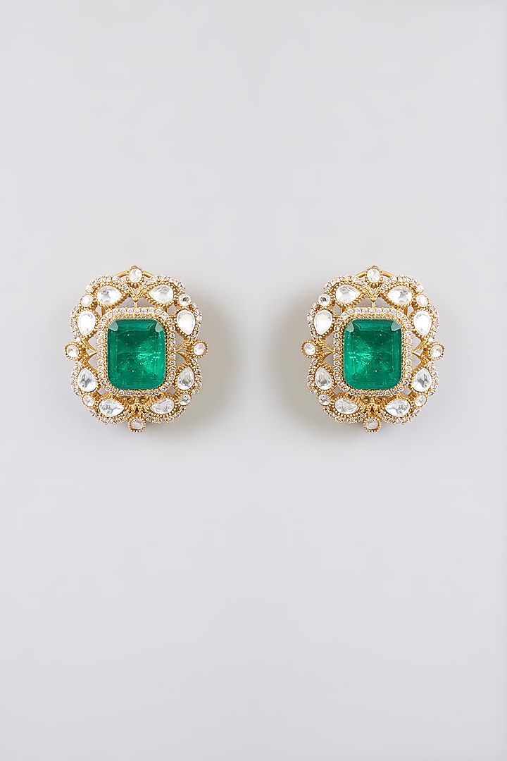 White Finish Kundan Polki & Green Stone Stud Earrings by Amreli Jaipur at Pernia's Pop Up Shop