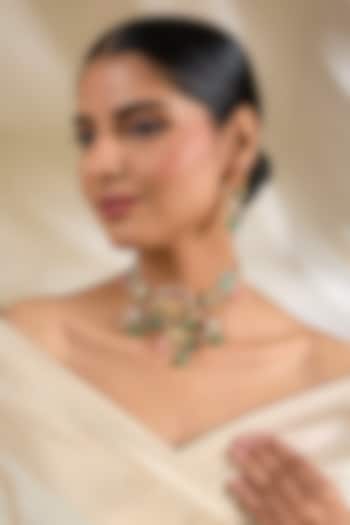 Gold Finish Kundan Polki & Beaded Choker Necklace Set by Amreli Jaipur at Pernia's Pop Up Shop