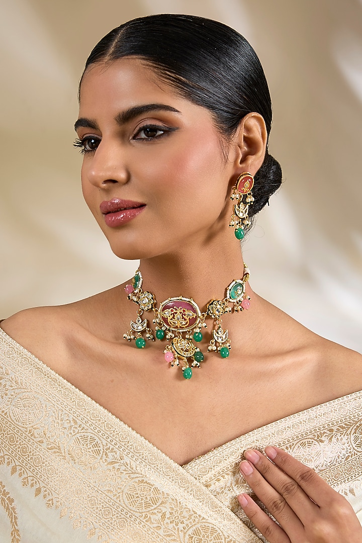 Gold Finish Kundan Polki & Beaded Choker Necklace Set by Amreli Jaipur at Pernia's Pop Up Shop