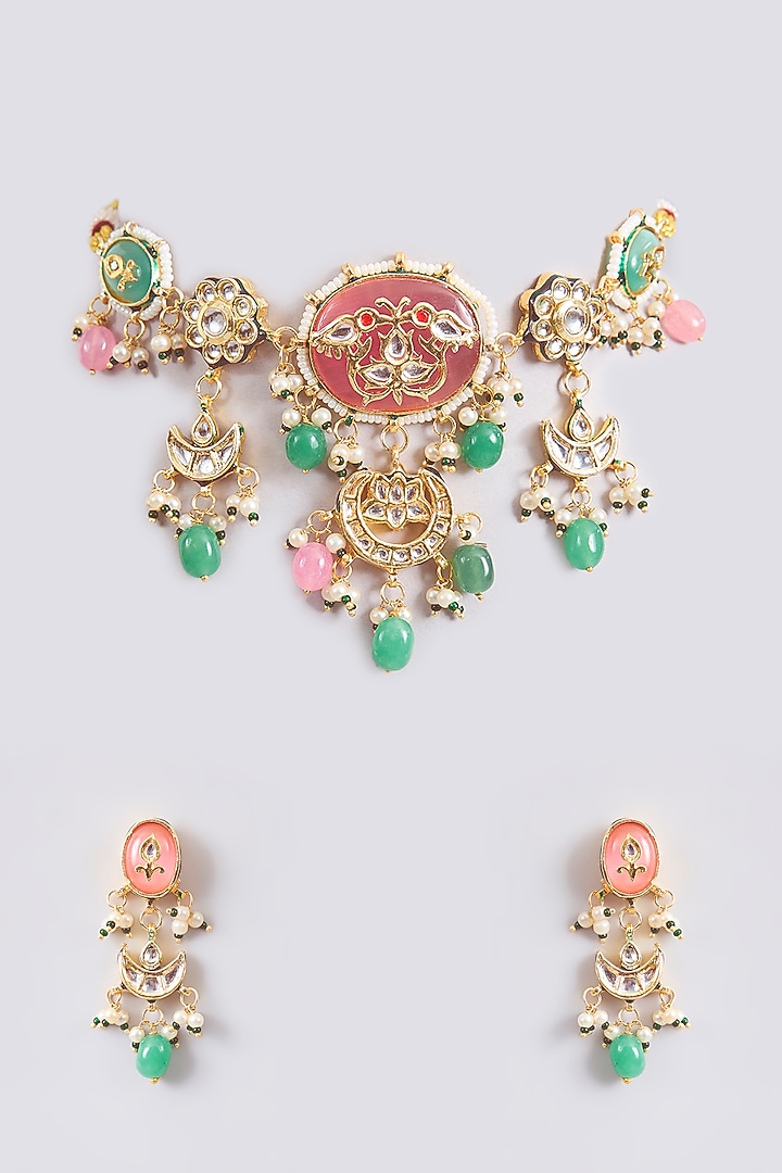 Gold Finish Kundan Polki & Beaded Choker Necklace Set by Amreli Jaipur at Pernia's Pop Up Shop