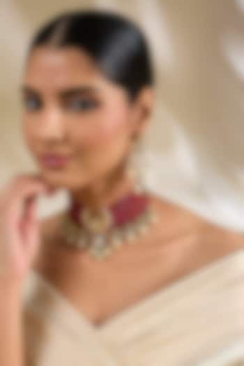 Gold Finish Kundan Polki & Red Beaded Choker Necklace Set by Amreli Jaipur at Pernia's Pop Up Shop