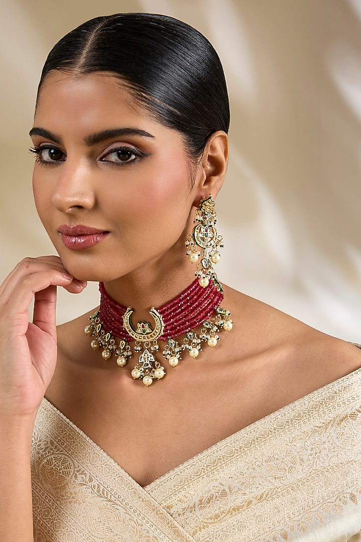 Gold Finish Kundan Polki & Red Beaded Choker Necklace Set by Amreli Jaipur at Pernia's Pop Up Shop