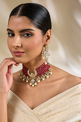 Gold Finish Kundan Polki & Red Beaded Choker Necklace Set by Amreli Jaipur