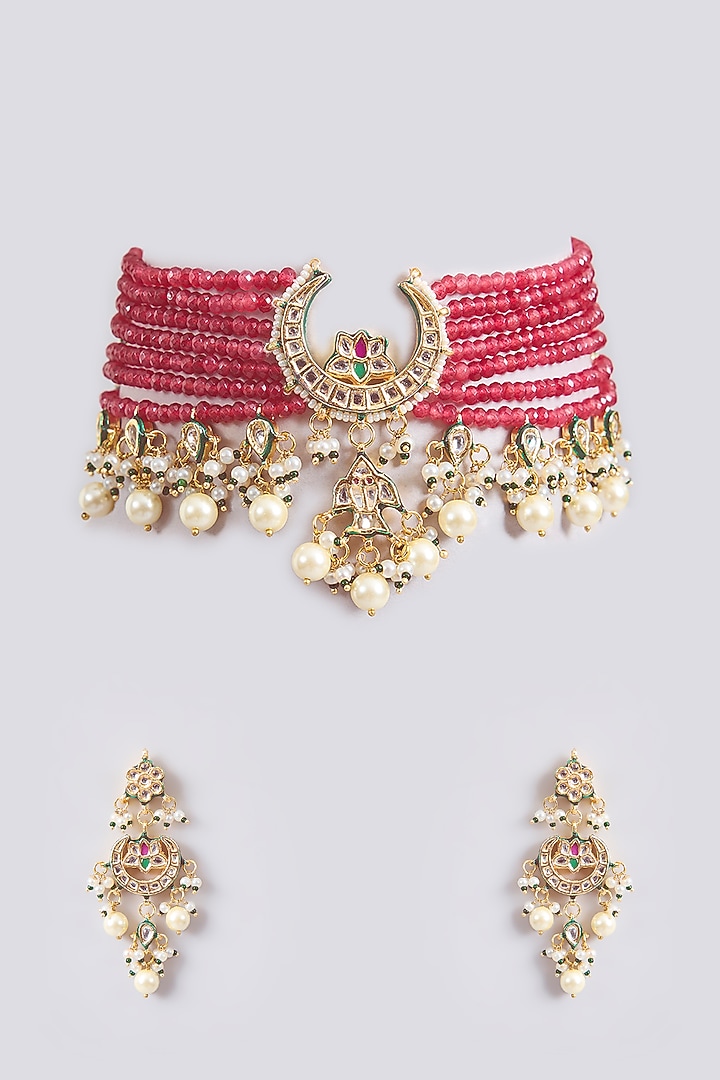 Gold Finish Kundan Polki & Red Beaded Choker Necklace Set by Amreli Jaipur at Pernia's Pop Up Shop