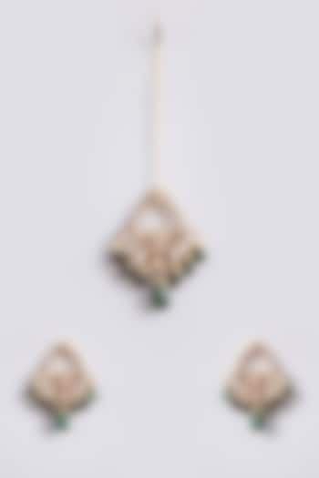 Gold Finish Kundan Polki & Green Beaded Chandbali Earrings With Maang Tikka by Amreli Jaipur at Pernia's Pop Up Shop