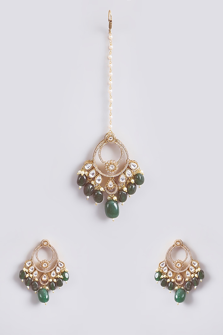 Gold Finish Kundan Polki & Green Beaded Chandbali Earrings With Maang Tikka by Amreli Jaipur at Pernia's Pop Up Shop