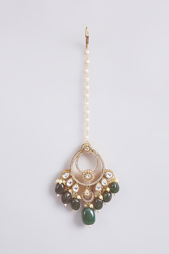 Gold Finish Kundan Polki & Green Beaded Chandbali Earrings With Maang Tikka by Amreli Jaipur at Pernia's Pop Up Shop