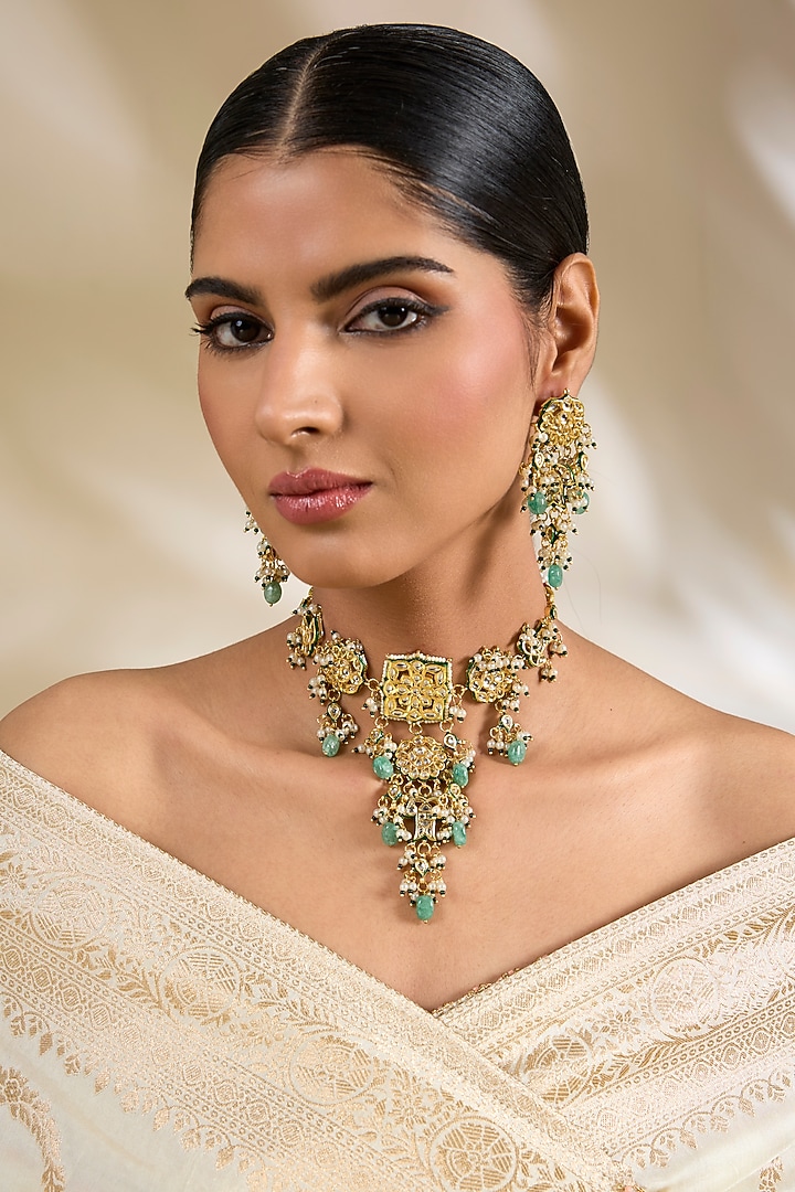 Gold Finish Kundan Polki & Beaded Choker Necklace Set by Amreli Jaipur at Pernia's Pop Up Shop