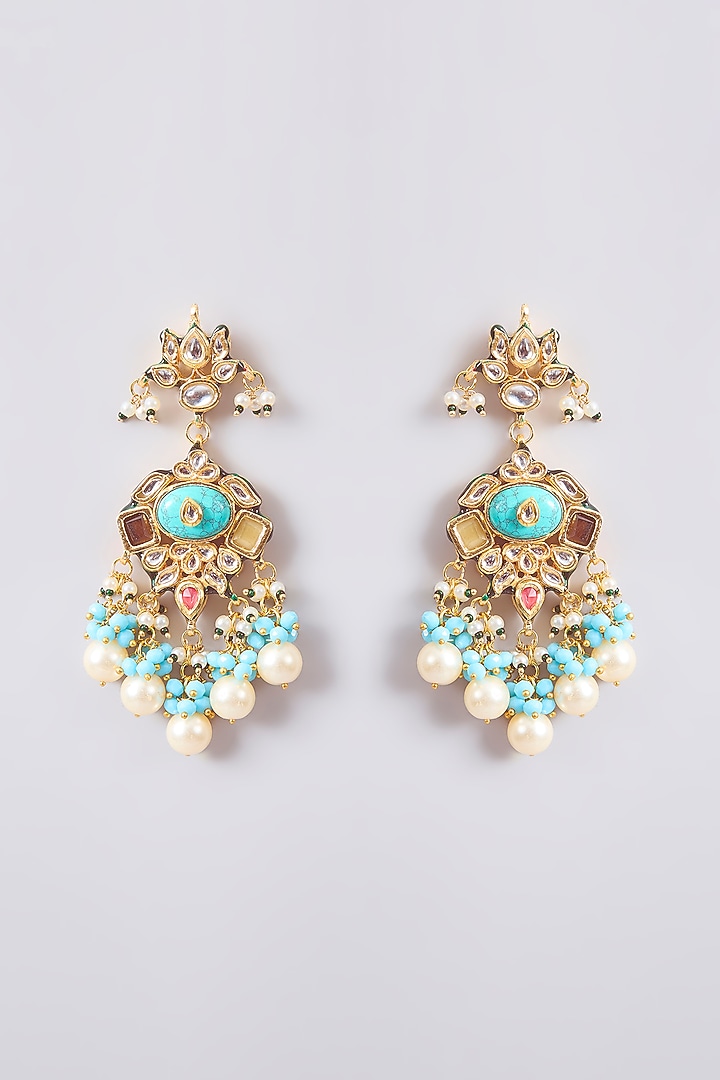 Gold Finish Kundan Polki & Turquoise Beaded Dangler Earrings by Amreli Jaipur at Pernia's Pop Up Shop