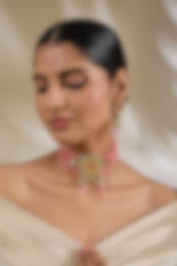 Gold Finish Kundan Polki & Pink Beaded Choker Necklace Set by Amreli Jaipur at Pernia's Pop Up Shop