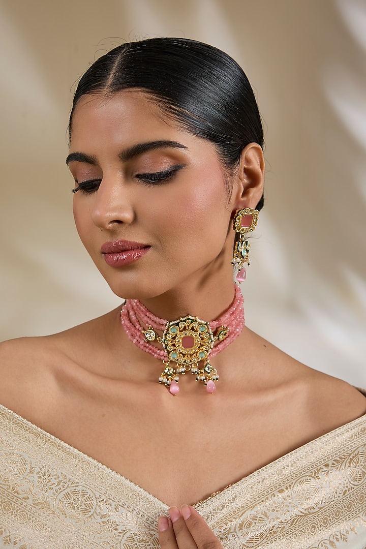 Gold Finish Kundan Polki & Pink Beaded Choker Necklace Set by Amreli Jaipur at Pernia's Pop Up Shop