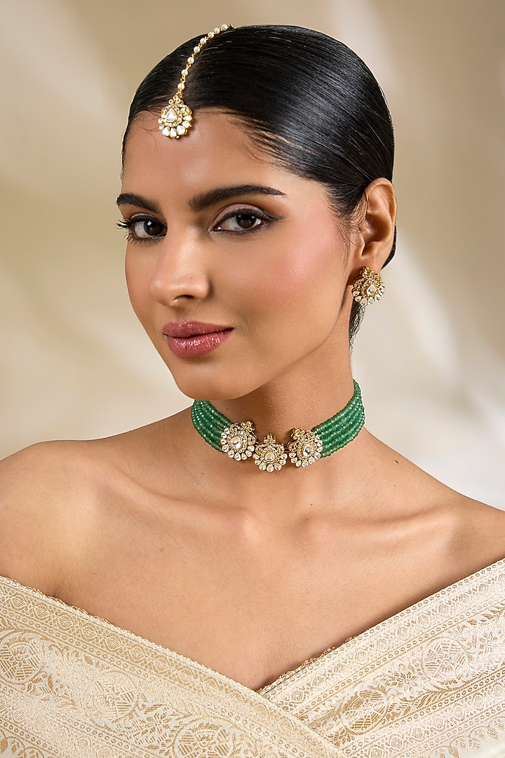 Gold Finish Kundan Polki & Green Beaded Choker Necklace Set by Amreli Jaipur at Pernia's Pop Up Shop
