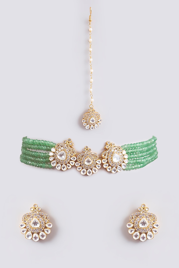 Gold Finish Kundan Polki & Green Beaded Choker Necklace Set by Amreli Jaipur at Pernia's Pop Up Shop